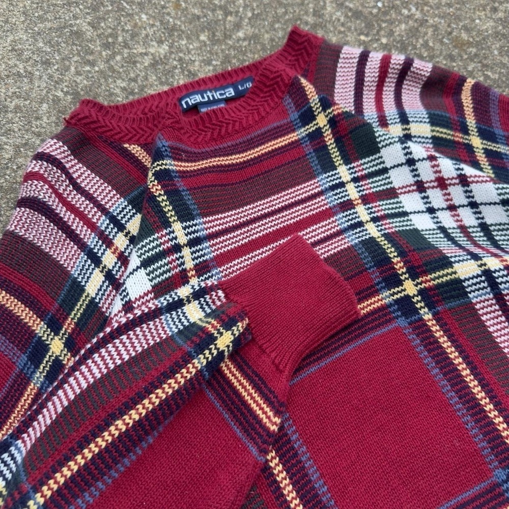 Vintage Nautica Plaid Knit Sweater Red Tartan Pattern 90s Preppy Mens Large D4